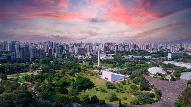 Aerial view of Ibirapuera Park in S&atilde;o Paulo, SP. Residential buildings around. Lake in Ibirapuera Park