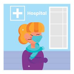 Obraz na płótnie Canvas Happy girl character with mask at hospital Self care Vector