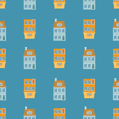 Endless background with cute vintage houses with windows and doors. Repeating print of sweet homes in Nordic Scandi style. Flat style vector illustration for fabric, wrapping, textile, wallpaper.