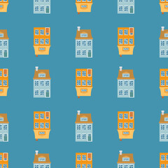 Endless background with cute vintage houses with windows and doors. Repeating print of sweet homes in Nordic Scandi style. Flat style vector illustration for fabric, wrapping, textile, wallpaper.