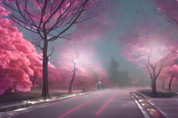 Path of cherry trees in the fog IA