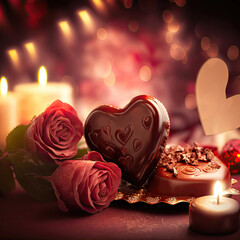 Heart chocolat Shaped background on valentine's day. valentine's day. on bokeh background. blurred background. Generative AI