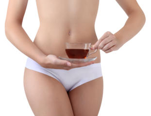balanced diet and body care, young woman in underwear holding cup of herbal tea near belly, supportive care for proper diuresis and digestion, natural remedies against tummy ache and constipation