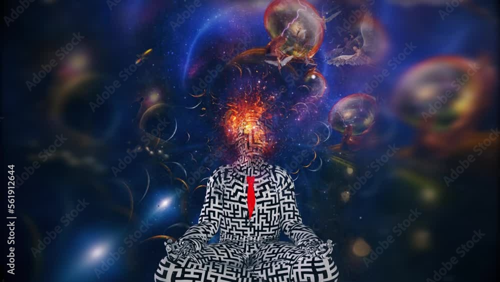 Poster figure of man with maze pattern in lotus pose