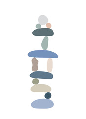 Zen stones cairns simple abstract flat style vector illustration, relax, meditation and yoga concept, boho colors stone pyramid for making banners, posters, cards, prints, wall art