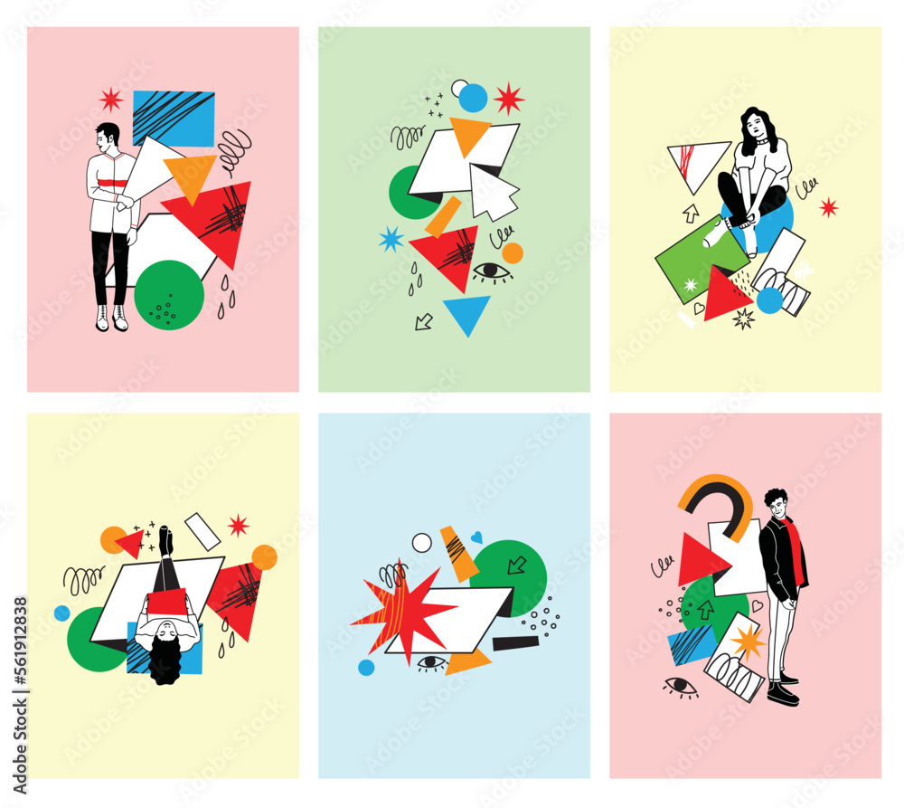 Poster outline characters, people in different poses and various geometric shapes and colorful abstract fig