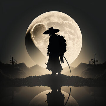 wuxia silhouette against the full moon