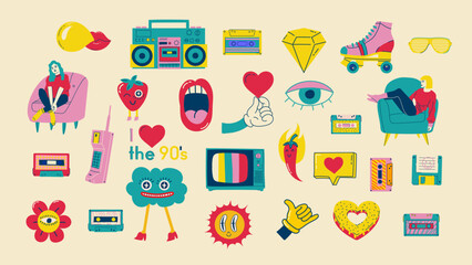 Fashion patch badges with lips, hearts, speech bubbles, audio cassette and other elements. Vector illustration set of stickers, pins, patches in cartoon 80s-90s style.