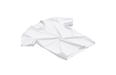 Blank white crumpled t-shirt mockup flat lay, side view