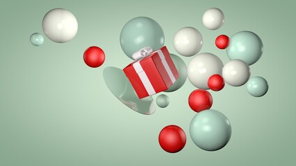 3D image. Red gift box in the center among white and green balloons of different sizes. Festive background or screensaver for congratulations.