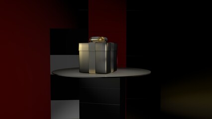 3D rendering. A gift box stands on a stand or showcase in a store or room. Evening. Dark light. The yellow light shines directly on the black gift bo - 561913886