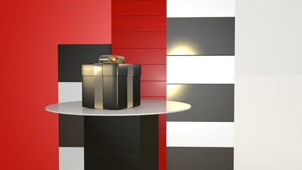 3D image. A gift box stands on a stand or showcase in a store or room. Bright interior. Black gift box with gold ribbon. Modern design.