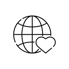 Vector outline icon of earth and heart representing love for the planet, sustainability, and eco awareness. Minimal line art design perfect for mobile UI, web interfaces, and environmental branding.