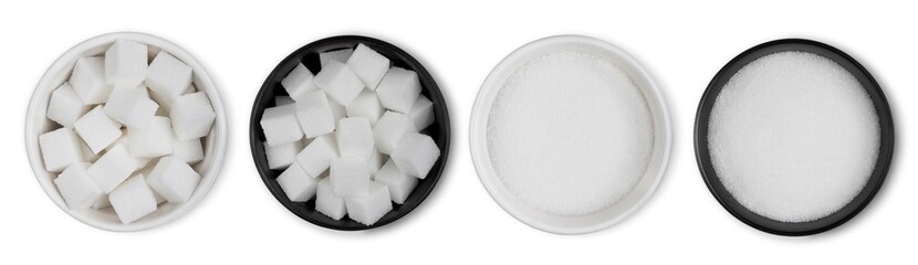 White and black bowl plates of natural brown and white unrefined sugar and sugar cubes on white background.