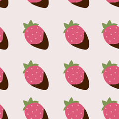 Seamless pattern with strawberry in chocolate on pink background. Flat style vector illustration