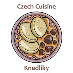 Knedliky. It is cooked dish, served on the side of many traditional dishes. Most common types are bread and potato dumplings. Czech food. Vector image isolated.