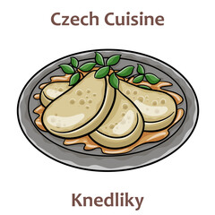 Knedliky. It is cooked dish, served on the side of many traditional dishes. Most common types are bread and potato dumplings. Czech food. Vector image isolated.