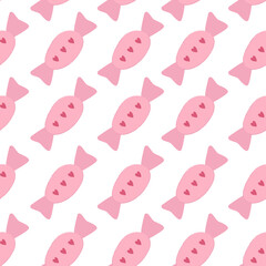 Seamless pattern with pink candies with hearts. Valentines day sweets. Flat style vector