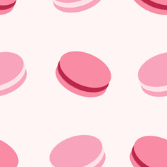 Seamless pattern with pink french macarons. Flat vector. Pink sweets on light background