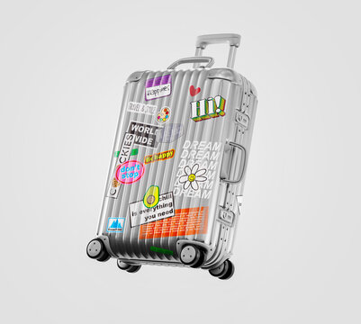 Travel bag vacation luggage with style stickers background concept.