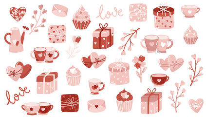 Valentine s Day set love elements, balloons, hearts, envelope, mugs, cupcake, ice cream. Suitable for stickers, party invitations, greeting cards, posters
