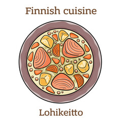 Lohikeitto. The soup made with salmon, potatoes and leeks, and sometimes add milk.  Finnish food. Vector image isolated.