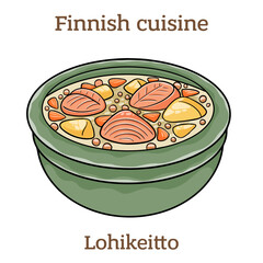 Lohikeitto. The soup made with salmon, potatoes and leeks, and sometimes add milk.  Finnish food. Vector image isolated.