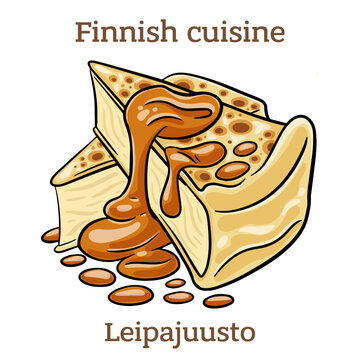 Leipäjuusto. This cheese is most often made from cow's milk but can also be made from reindeer or goat's milk. It is most delicious with cloudberry jam.  Finnish food. Vector image isolated.