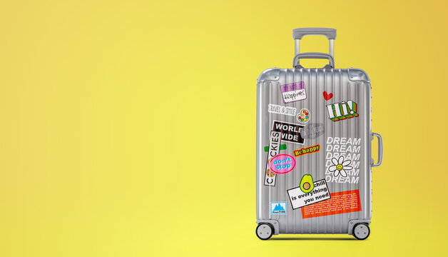 Travel bag vacation luggage with style stickers background concept.