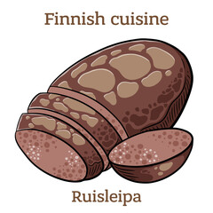 Ruisleipä. Rye hole-bread is a traditional bread from Finland. A flat rye flour loaf with a hole in the middle. Finnish food. Vector image isolated.