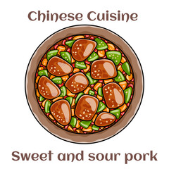 Sweet and sour pork. Fried pork with sliced carrots, green and red bell peppers and pineapple. Chinese food. Vector image isolated.