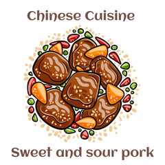 Sweet and sour pork. Fried pork with sliced carrots, green and red bell peppers and pineapple. Chinese food. Vector image isolated.