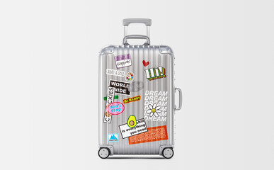 Travel bag vacation luggage with style stickers background concept. - 561915287