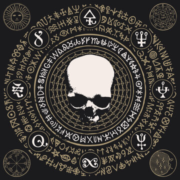 Vector illustration with people skull, pentagram, occult and witchcraft signs. The symbol of Satanism Baphomet and magic runes written in a circle.