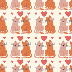 Seamless pattern. Vector design with cats and hearts suitable for Valentine's Day, for paper, cover, fabric, indoor decor and more. Illustration on a light background.