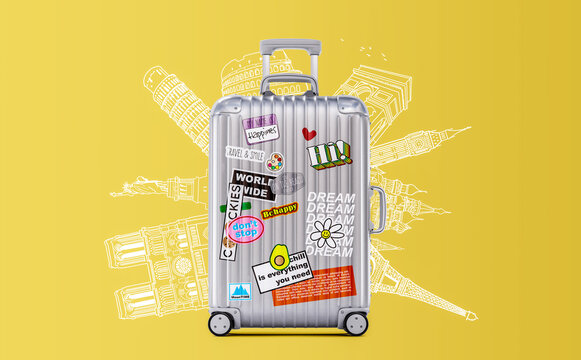 Travel bag vacation luggage with style stickers background concept.