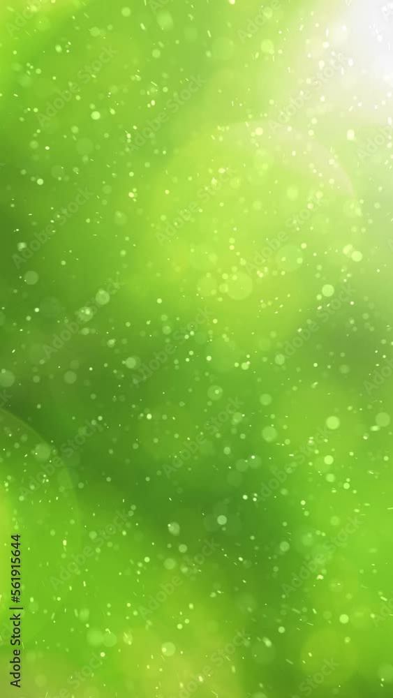 Poster abstract blurred dots flying towards the camera on sunny green nature blurred bokeh background. vert