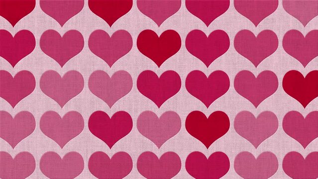 Cute Valentine hearts pattern on fabric texture background in red, pink and magenta color tones. This textured romantic Valentine's Day motion background design is 4K and a seamless loop.