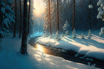 Snow falling forest in winter beautiful Christmas trees and river background