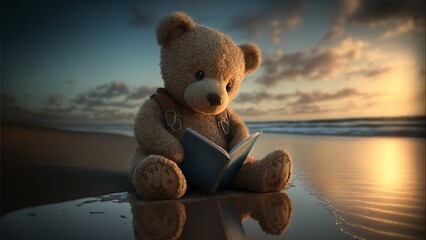 Teddy bear reads a book on the beach at sunset