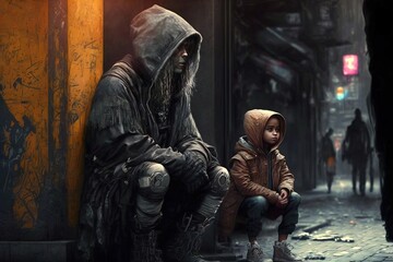 Fototapeta premium A poor man in a hoodie sitting with his child in the slums of a futuristic cyberpunk city, generative ai