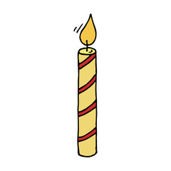 Burning birthday candle. Single doodle illustration. Hand drawn clipart for card, logo, design