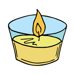 Burning aroma candle in a jar. Single doodle illustration. Hand drawn clipart for card, logo, design
