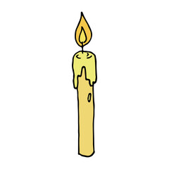 Burning birthday candle. Single doodle illustration. Hand drawn clipart for card, logo, design