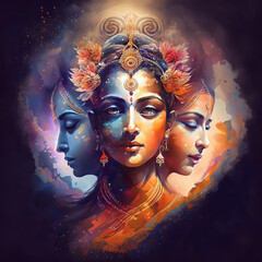 illustration of the Vedic goddess of Hinduism Tripura Rahasya triune. It is revered on the Diwali holiday. - obrazy, fototapety, plakaty