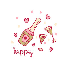 Valentine's Day print with bottle, glasses and hearts. Perfect for sticker, card, tee. Doodle vector illustration for decor and design.