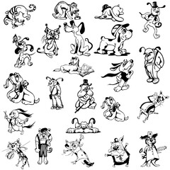 Set of dogs silhouettes sketches, set of cartoonic dogs, silhouettes set , dogs silhouettes set, funny dogs characters cartoons, 