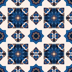 Indigo Blue white watercolor batik blur azulejos tile background. Seamless coastal blur painterly geometric mosaic effect. Patchwork masculine all over summer fashion damask repeat