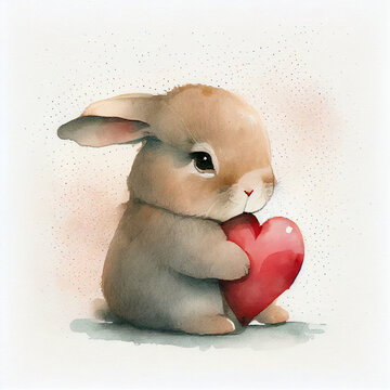 Bunny with a heart, Valentine's day, watercolour card, AI Generated