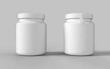 Set of two white plastic jar with cup for sport protein vitamins and tablets realistic packaging mockup template 3d illustration rendering image front view